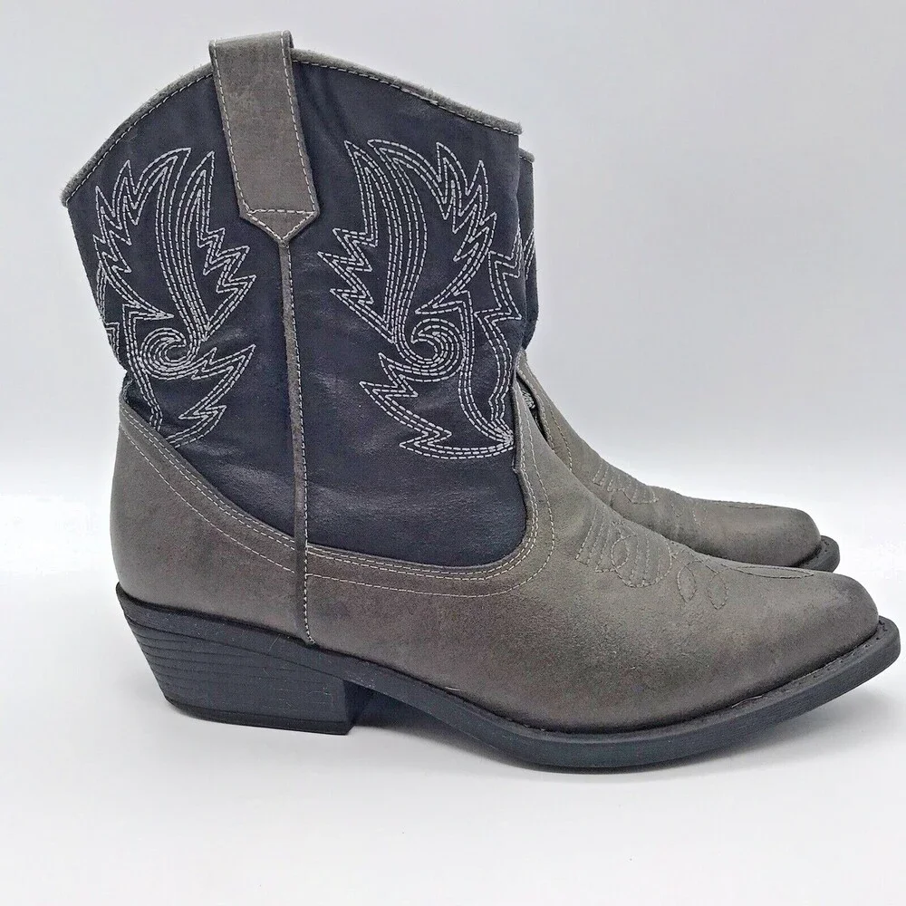 London Rebel Black Gray Embroidered Faux Leather Western Ankle Boots Women's 6M